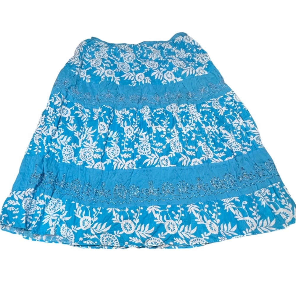 Studio West Maxi Skirt Womens XL Cotton Embroidered Floral Turquoise Blue